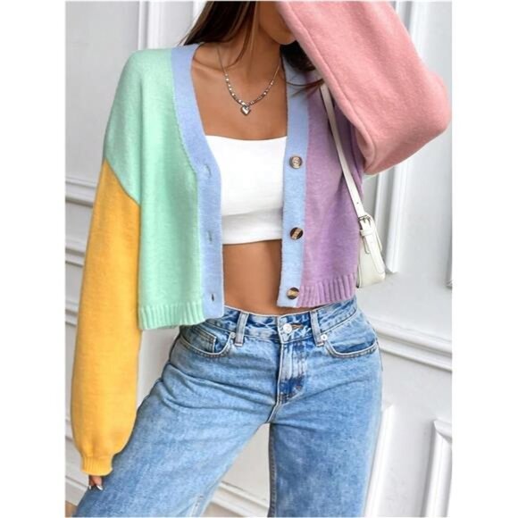 Women’s Colorful Cropped V-Neck Cardigan 70s Style Fall Knit Sweater Coat - Picture 3 of 7